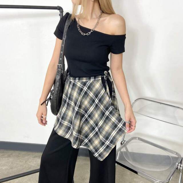 Tシャツ・チェックレイヤード付きワイドパンツセットアップ