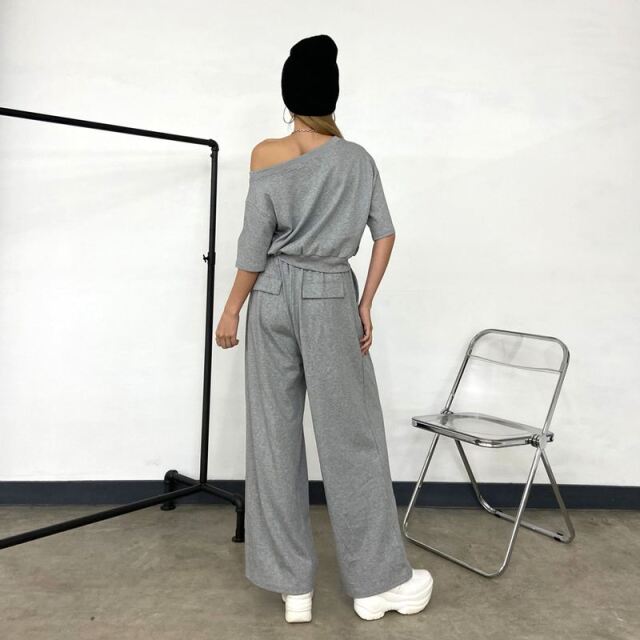 ノンヘッジ non-hedge オフショルプルオーバー・ワイドパンツセットアップ （グレー） ノンヘッジ non-hedge オフショルプルオーバー・ワイドパンツ