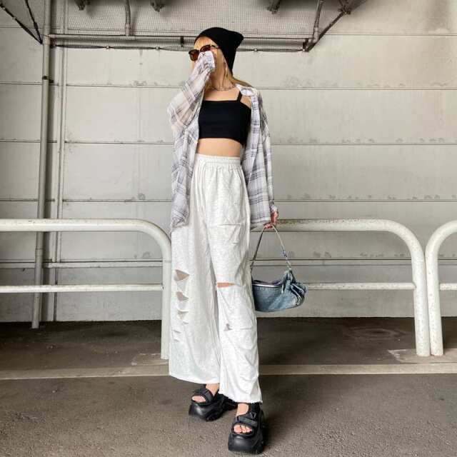 裏毛ダメージワイドパンツ