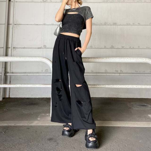 裏毛ダメージワイドパンツ