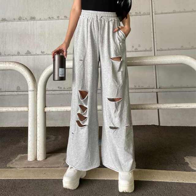 裏毛ダメージワイドパンツ