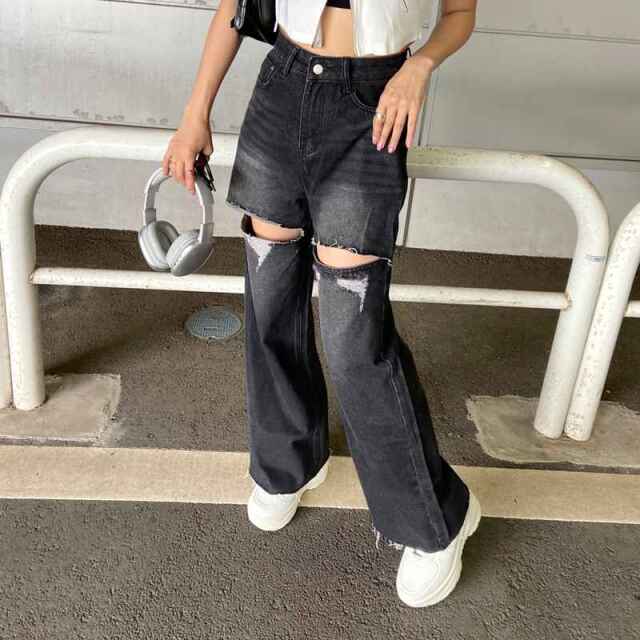 ダメージストレートデニムワイドパンツ