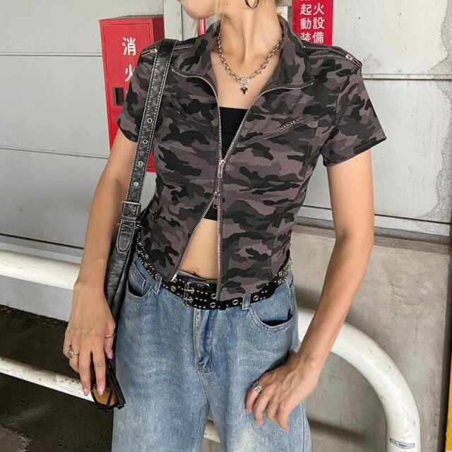 ショルダーZIPリブトップス