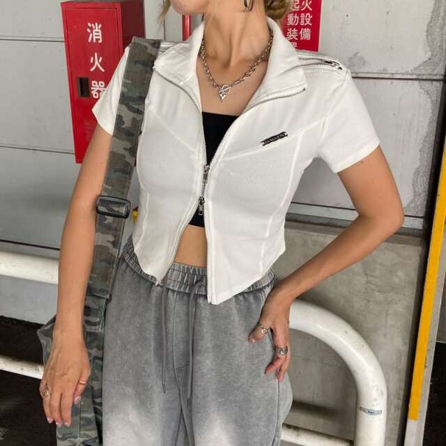ショルダーZIPリブトップス