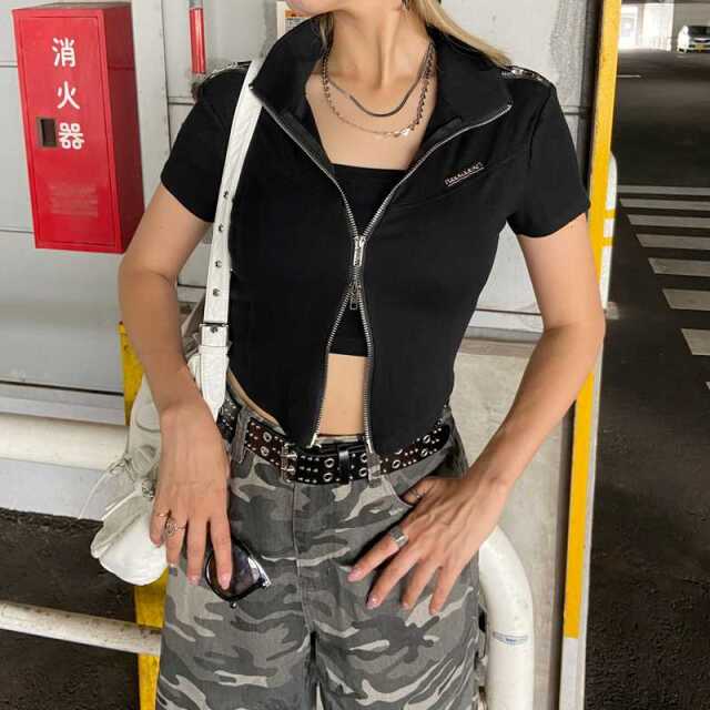 ショルダーZIPリブトップス
