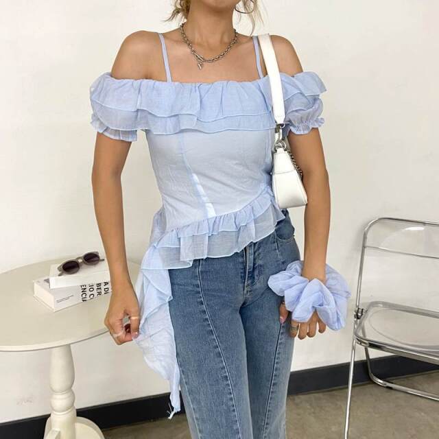 シュシュ付きイレヘムフリルオフショルトップス