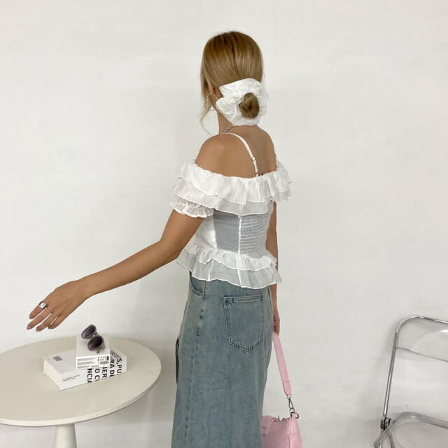 シュシュ付きイレヘムフリルオフショルトップス