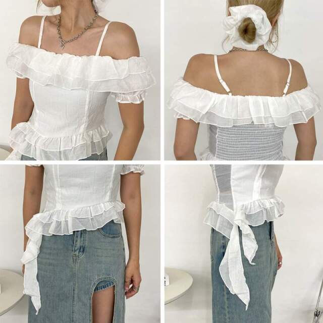 シュシュ付きイレヘムフリルオフショルトップス