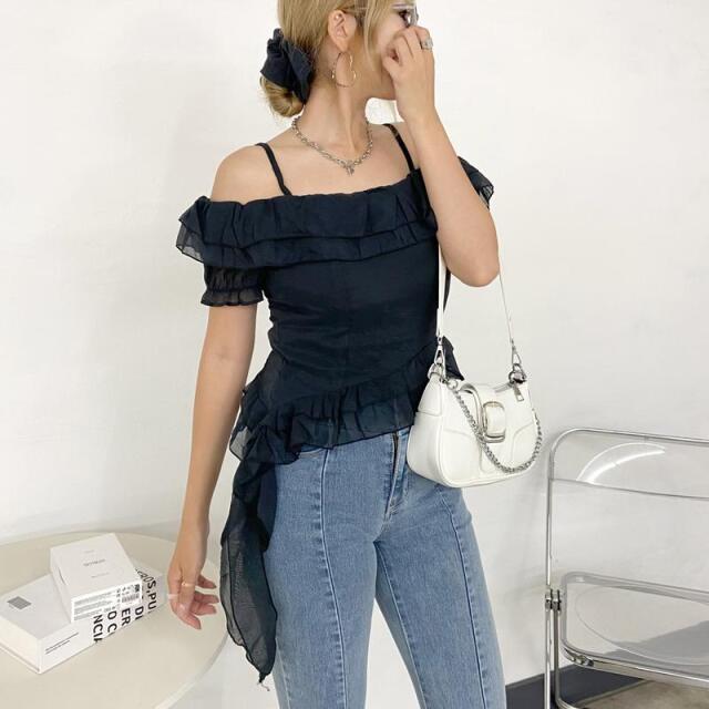 シュシュ付きイレヘムフリルオフショルトップス