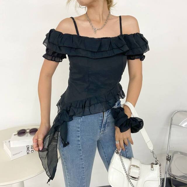 シュシュ付きイレヘムフリルオフショルトップス