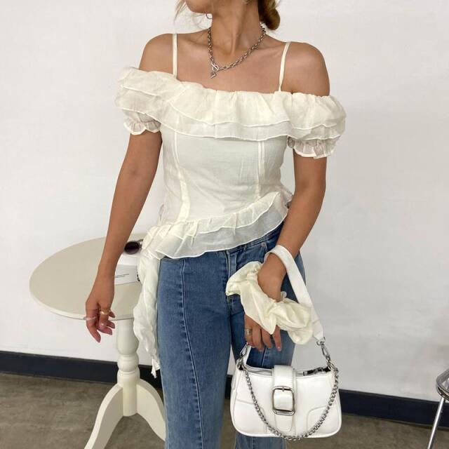 シュシュ付きイレヘムフリルオフショルトップス