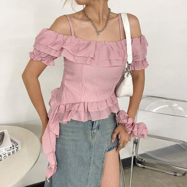 シュシュ付きイレヘムフリルオフショルトップス