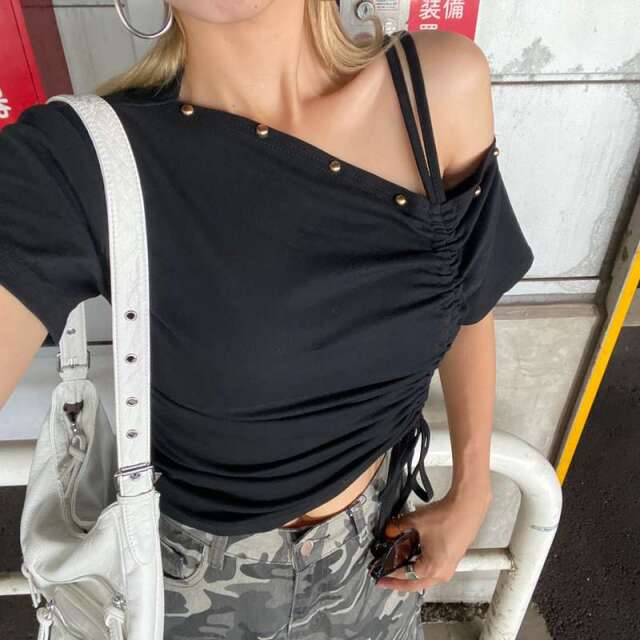 mideal バルーンワンショルダートップス チャコールグレー mideal ブラウス シャツ balloon one shoulder tops / バルーン