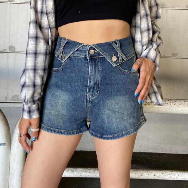 ウエスト折り返しデニムショートパンツ