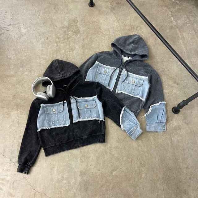 デニム切替ブリーチZIPパーカー