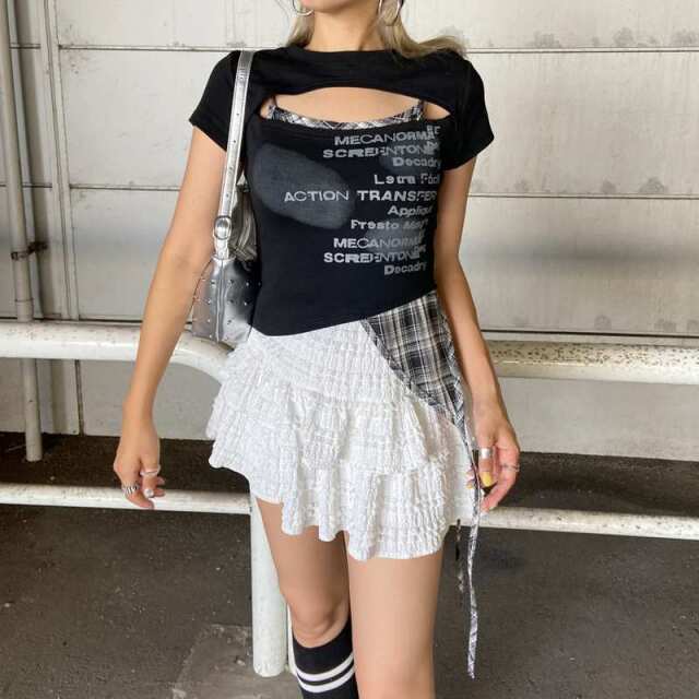 カットワークチェックイレヘムトップス