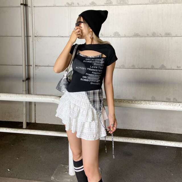カットワークチェックイレヘムトップス