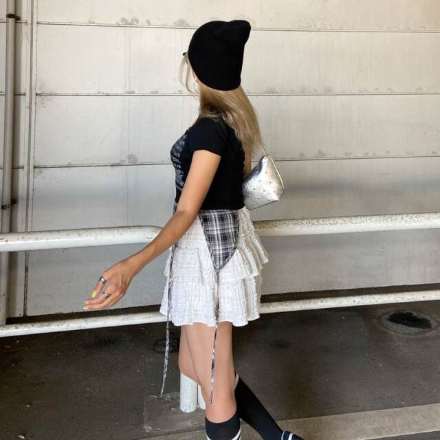 カットワークチェックイレヘムトップス