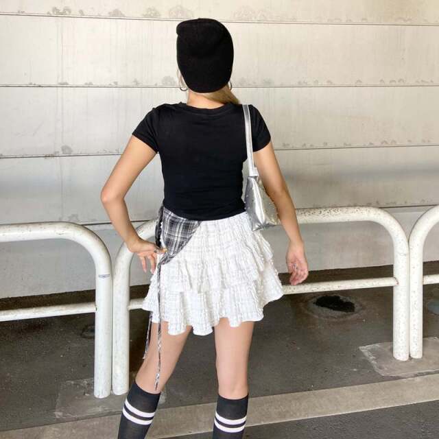 カットワークチェックイレヘムトップス