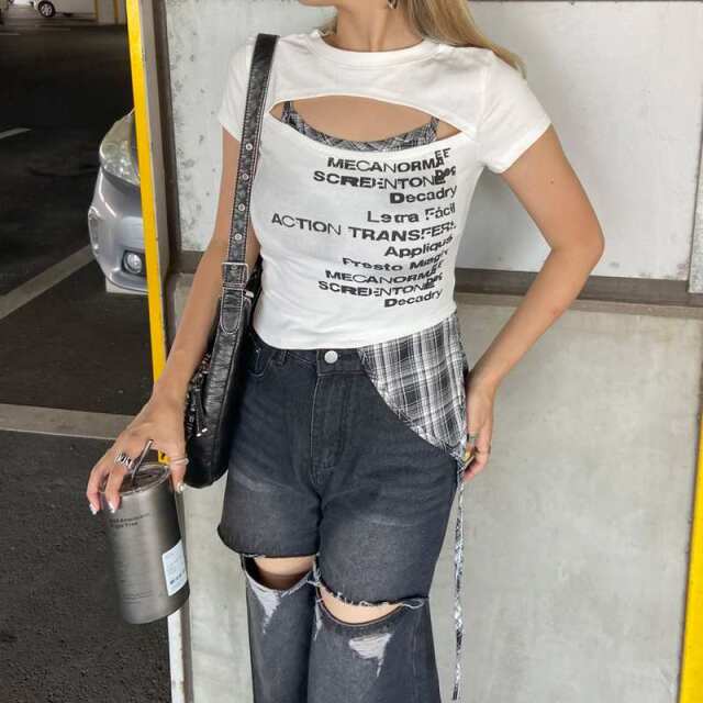 カットワークチェックイレヘムトップス