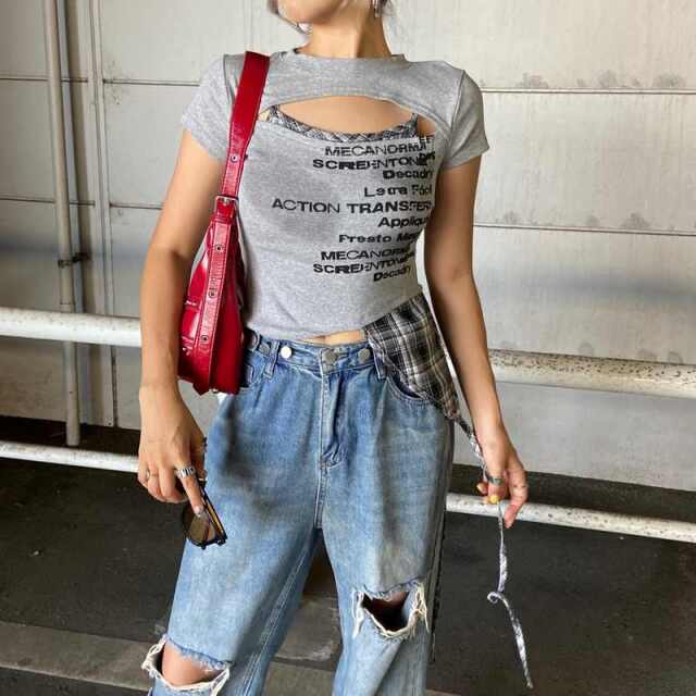 カットワークチェックイレヘムトップス