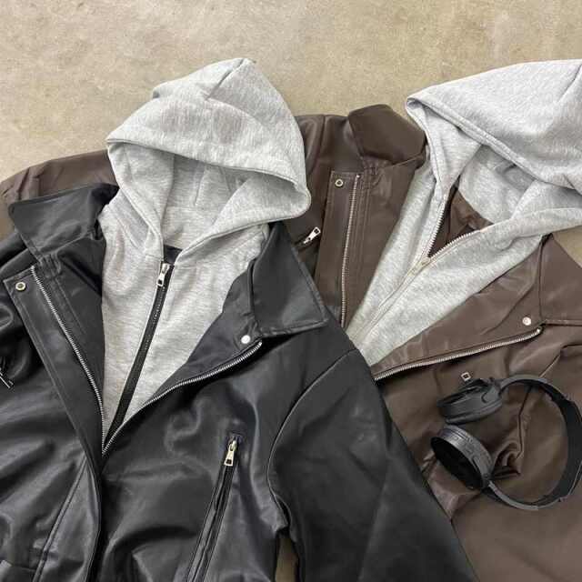 合成皮革パーカーアンサンブル風ブルゾン