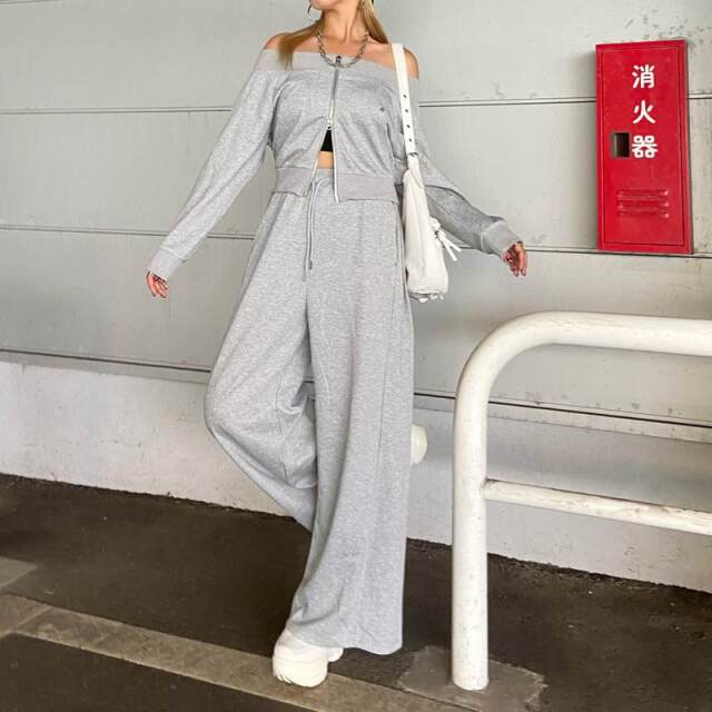 オフショルZIPトップス・パンツセットアップ
