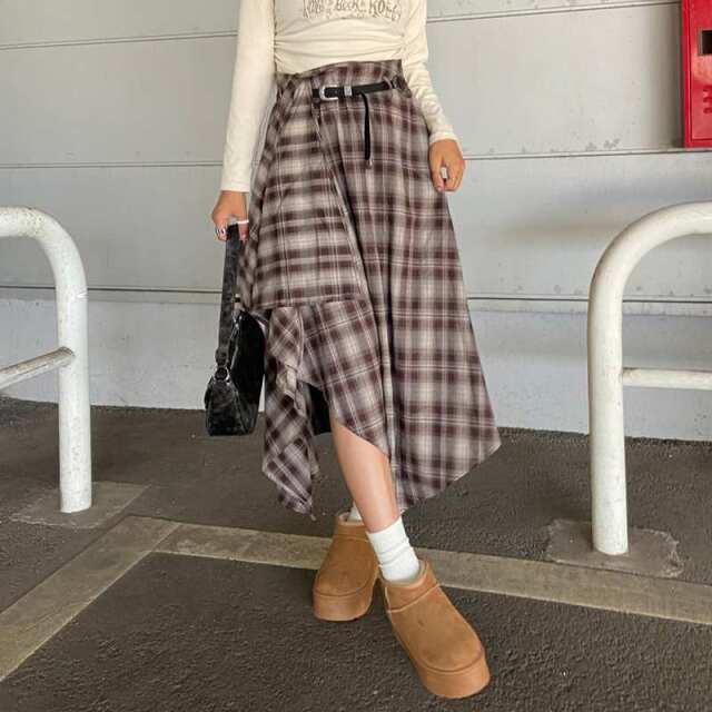 ベルト付きイレヘムチェックロングスカート