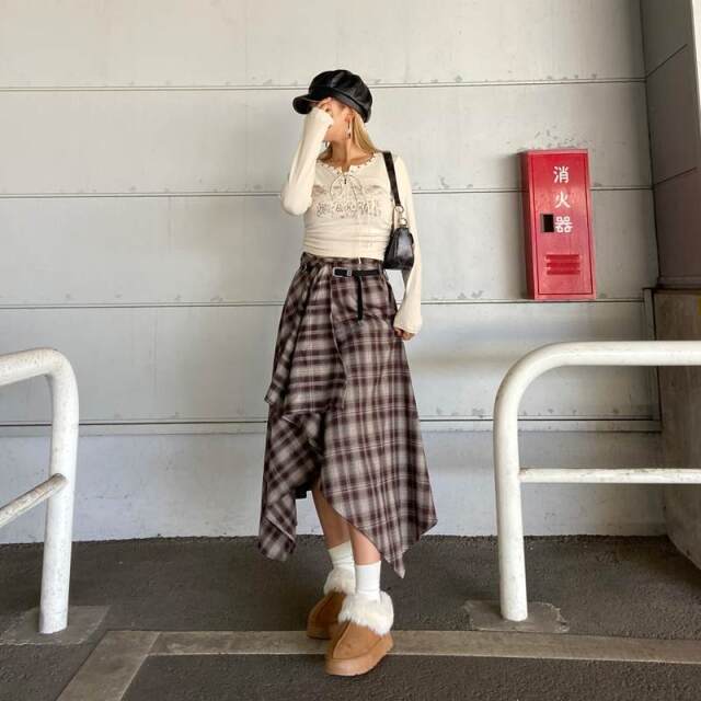 ベルト付きイレヘムチェックロングスカート