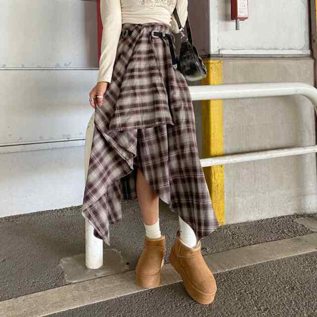 ベルト付きイレヘムチェックロングスカート