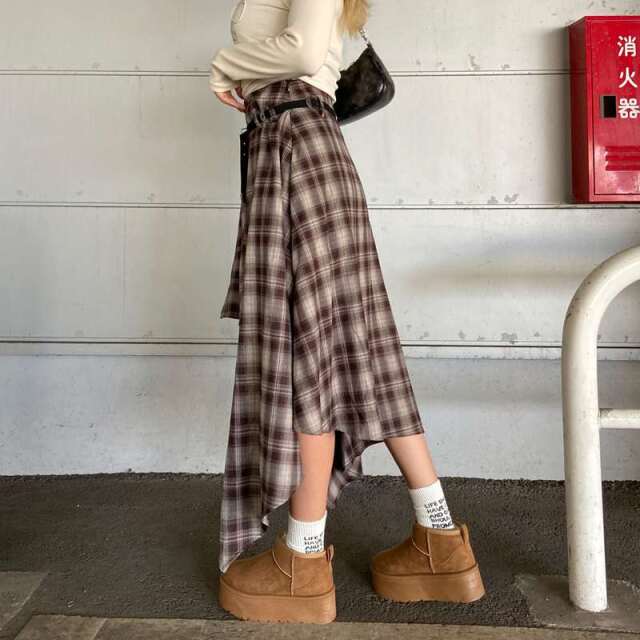 ベルト付きイレヘムチェックロングスカート