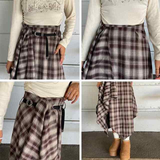ベルト付きイレヘムチェックロングスカート