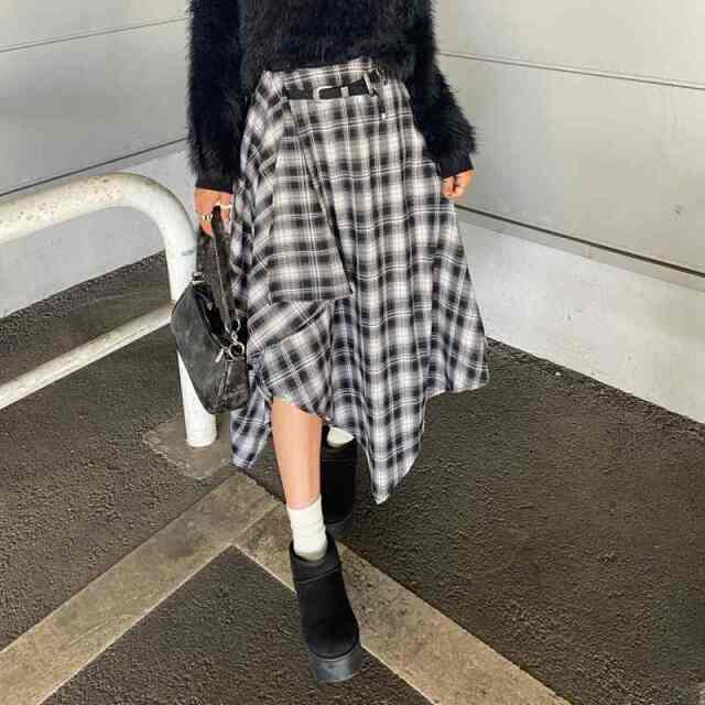 ベルト付きイレヘムチェックロングスカート