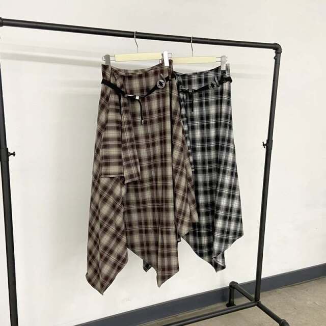 ベルト付きイレヘムチェックロングスカート