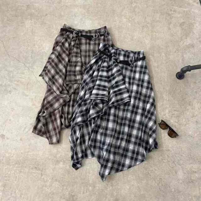 ベルト付きイレヘムチェックロングスカート