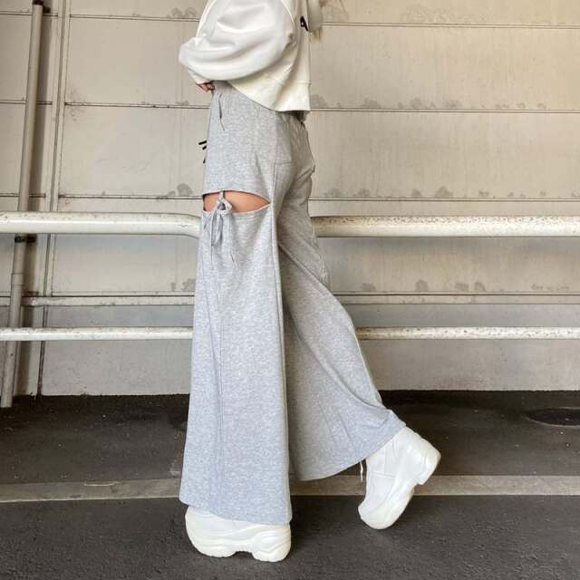 サイドスリットリボンカットワイドパンツ