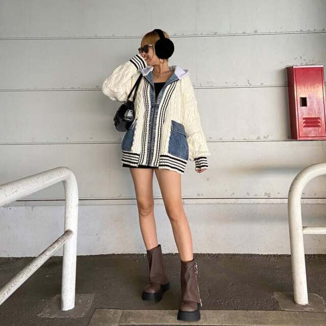 ケーブルニットデニム切替フード