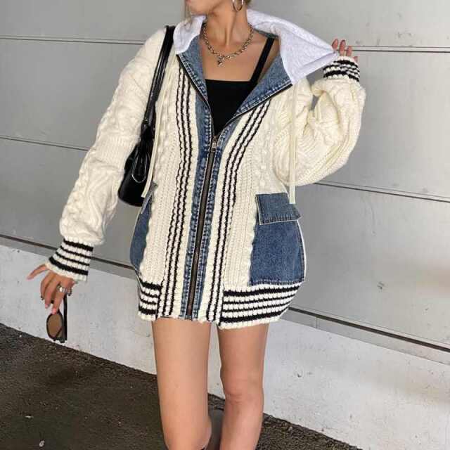 non-hedge ケーブルニットデニム切替フード|TiMTiMオンライン