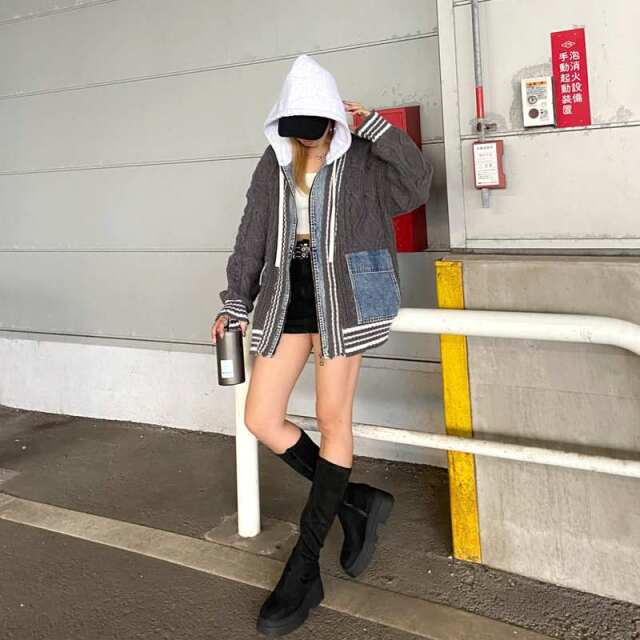 ケーブルニットデニム切替フード
