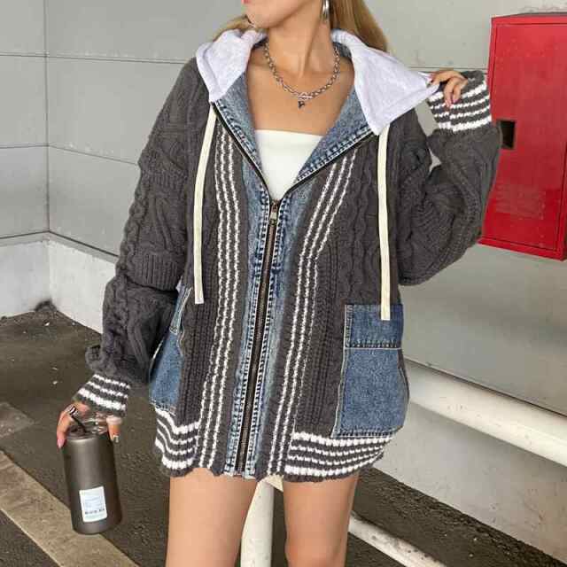 ケーブルニットデニム切替フード