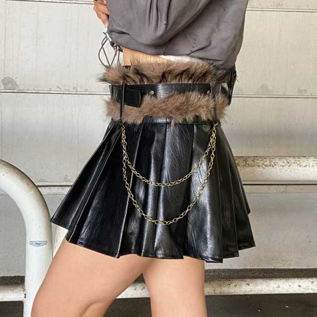 ファーベルト付き合成皮革タックスカート