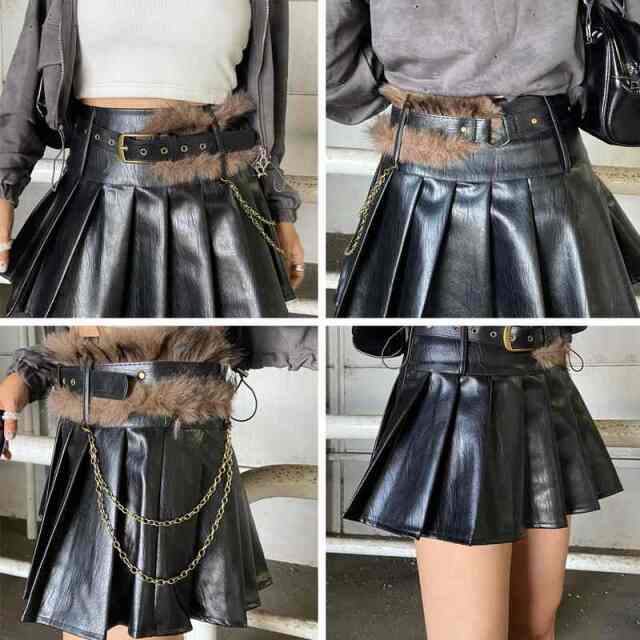 ファーベルト付き合成皮革タックスカート