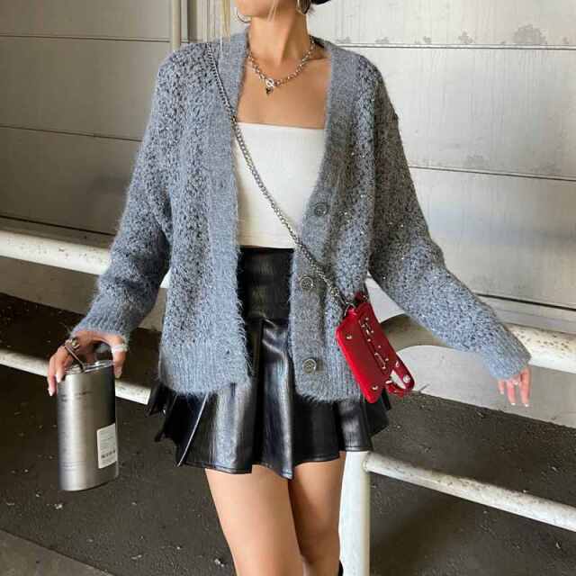 ファーベルト付き合成皮革タックスカート