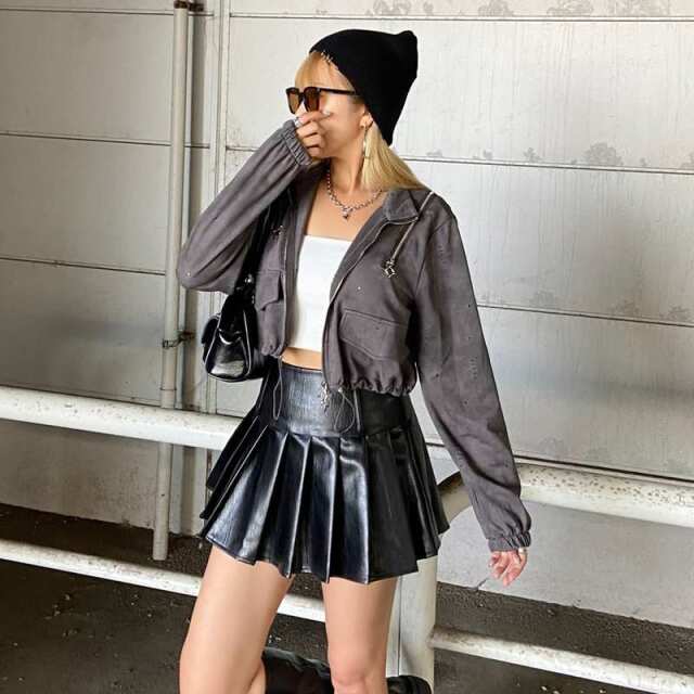 ファーベルト付き合成皮革タックスカート