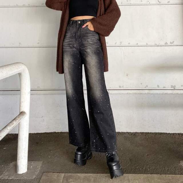ストーンデニムワイドパンツ