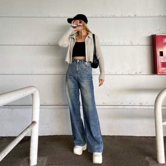 ストーンデニムワイドパンツ
