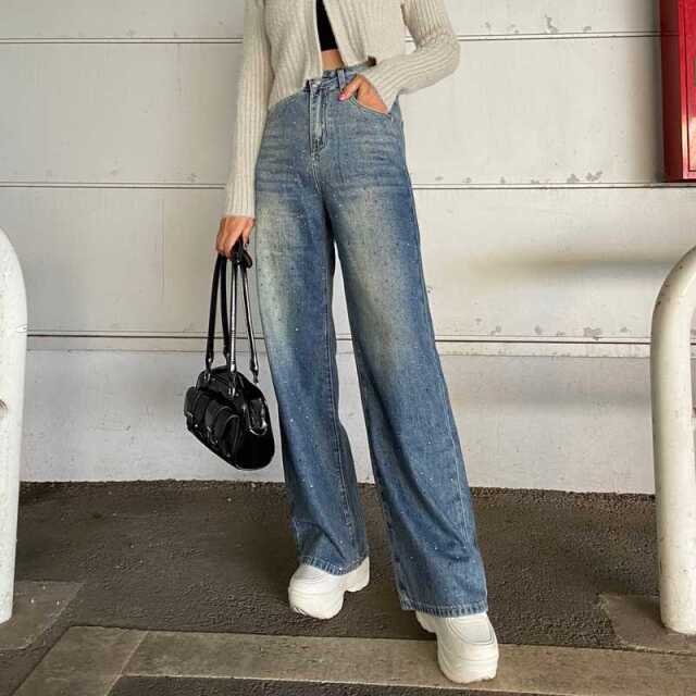 ストーンデニムワイドパンツ