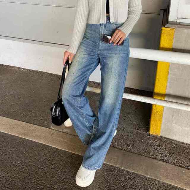 ストーンデニムワイドパンツ