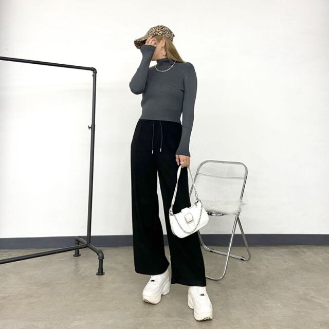 ハイネックリブショートトップス