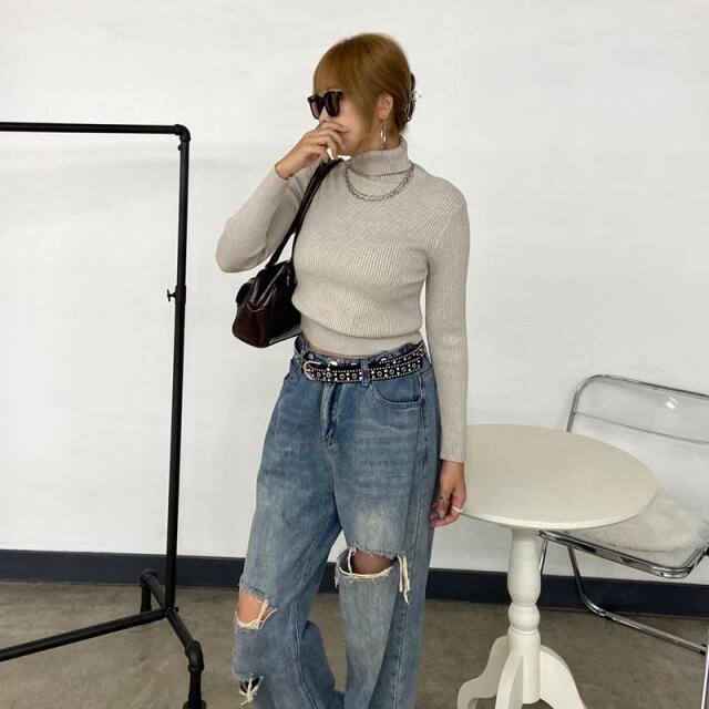 ハイネックリブショートトップス